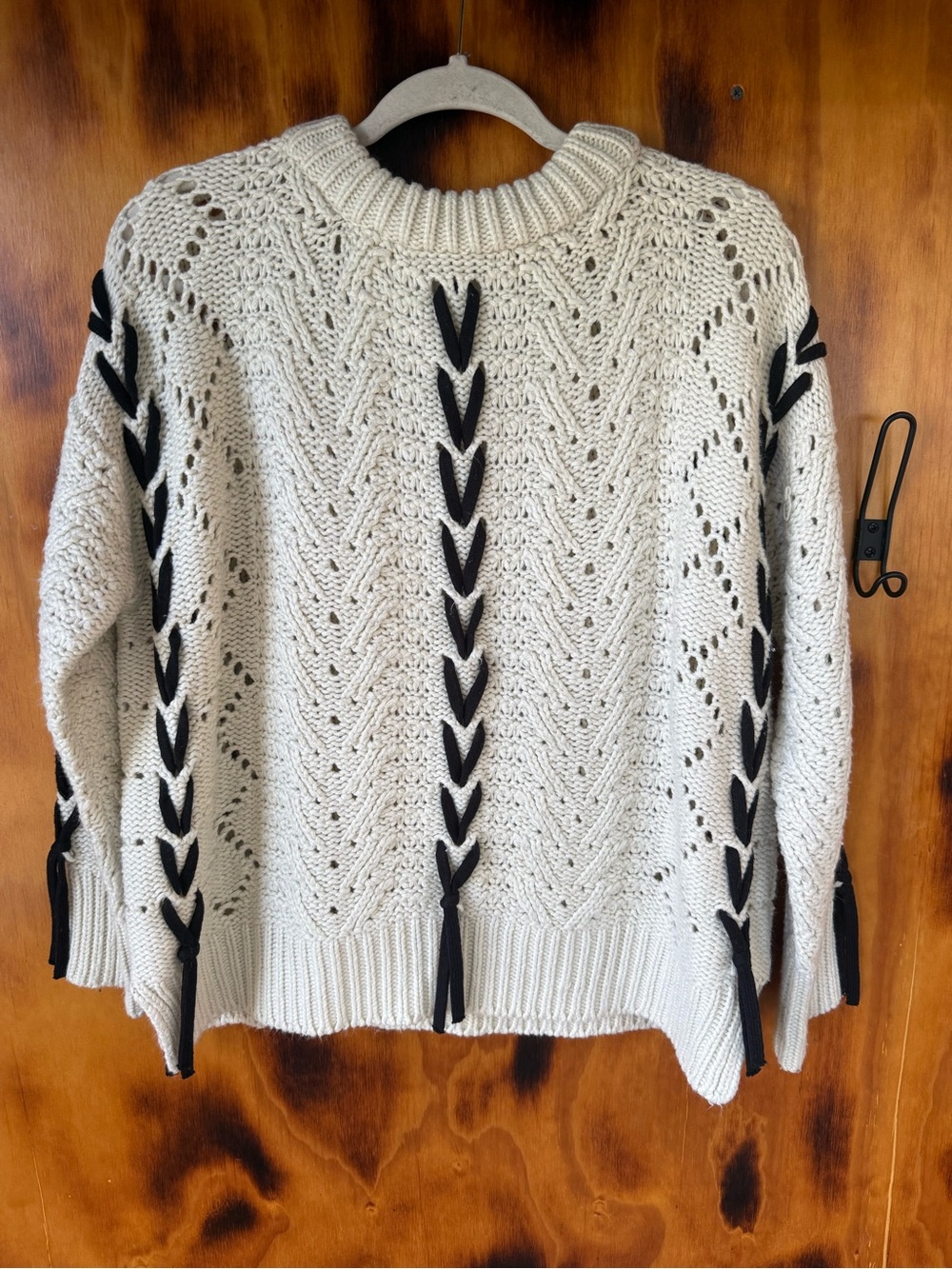 Cream Crewneck Sweater with Black Lace-Up Detail